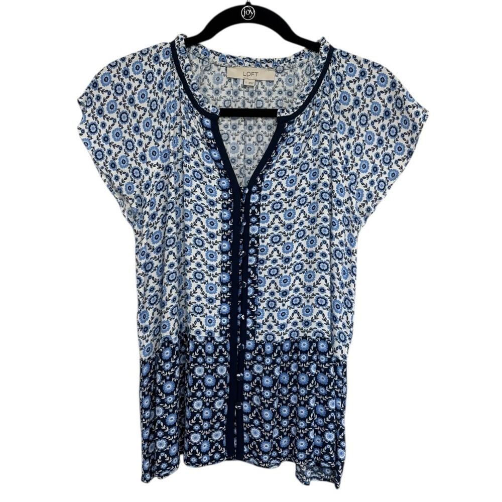 Loft Popover Flowy Blouse in Blue Microfloral - Size S